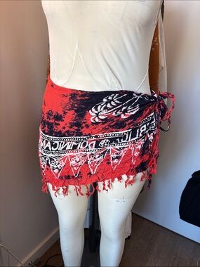 Red & Black Tie-Side Swim Sarong with Fringe